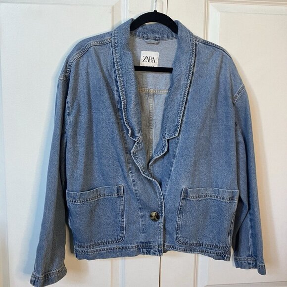 Zara Blue Denim Single Button Oversize Patch Pocket Blazer Shacket Womens L Jean - Picture 2 of 7